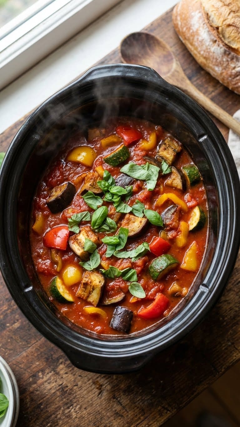A top-down view inside a slow cooker filled with chunky vegetable ratatouille stew garnished with fresh basil.